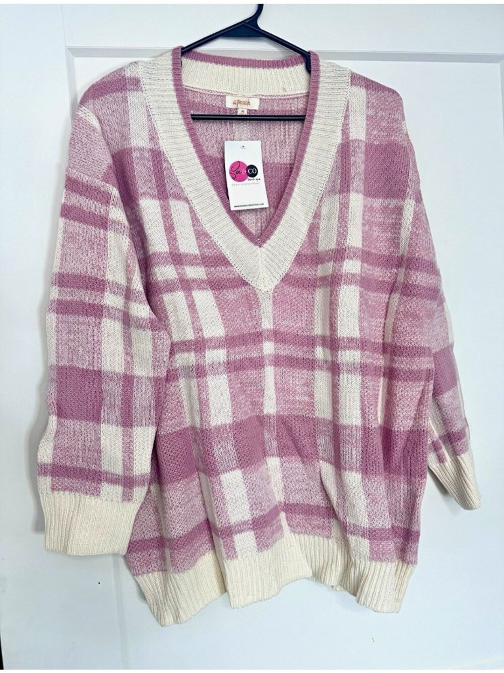 aPeach Pink & Ivory Plaid V-Neck Knit Pullover Sweater Long Sleeve Small 0466
